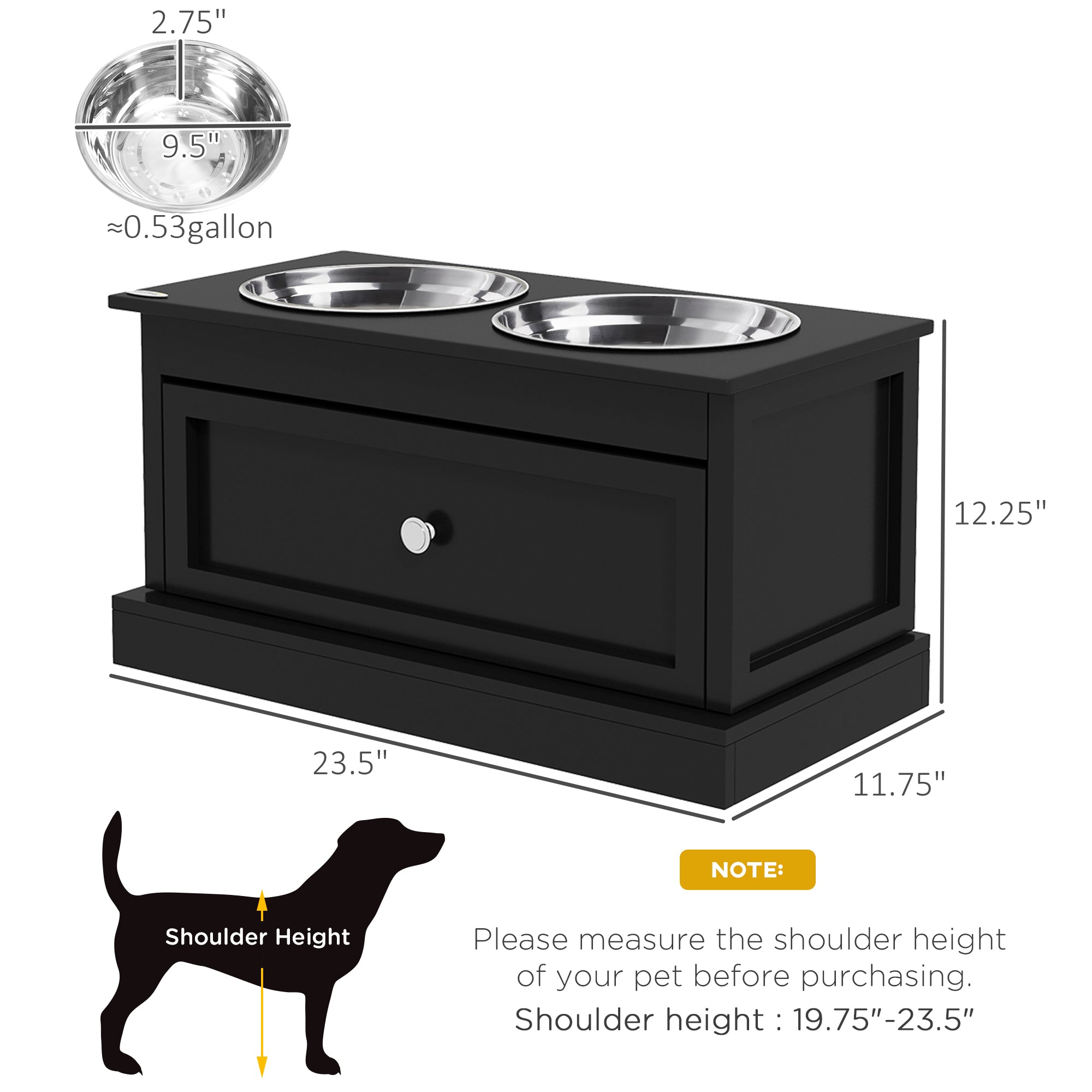 Elevated double dog bowl stand with storage drawer