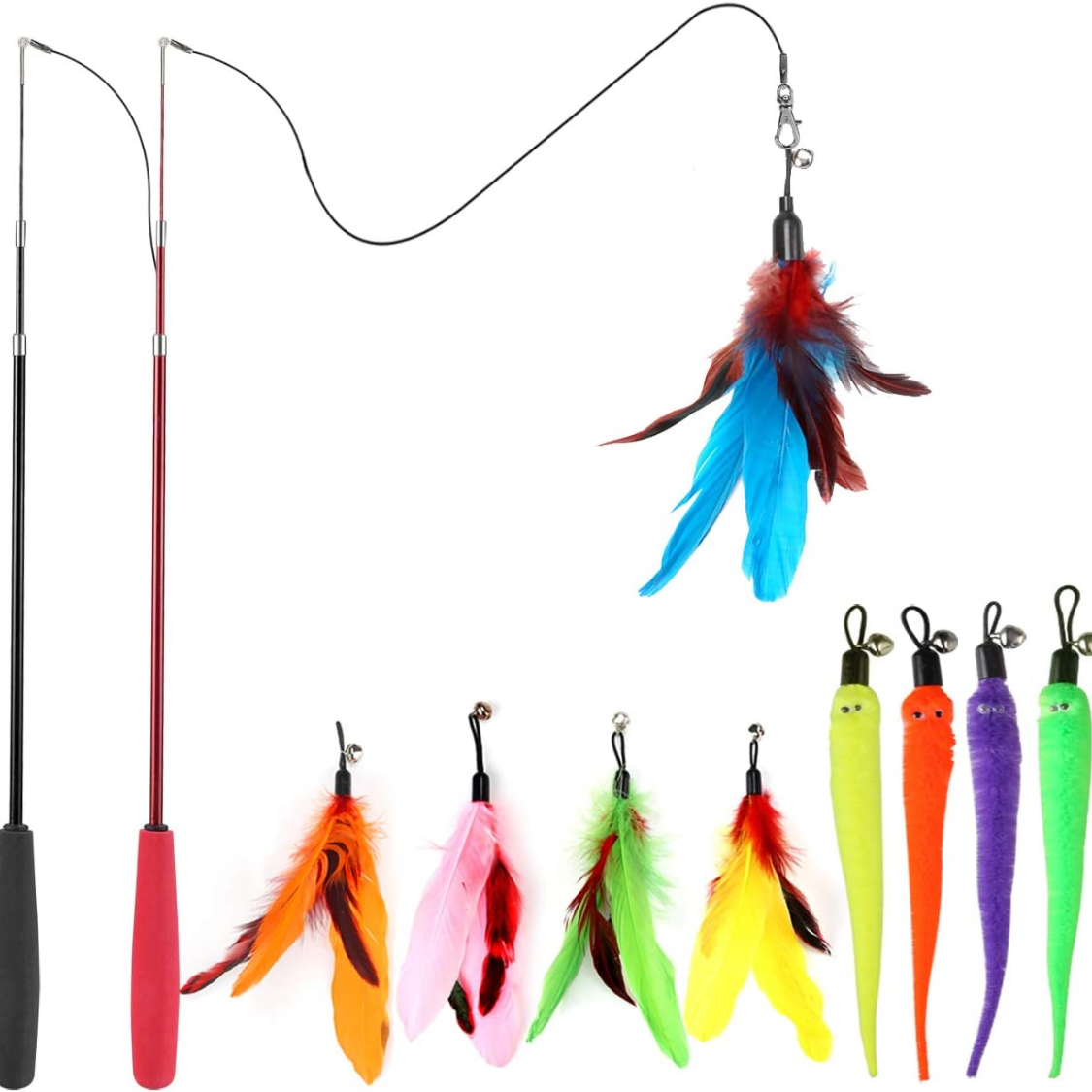 Retractable cat teaser wand set with feather refills