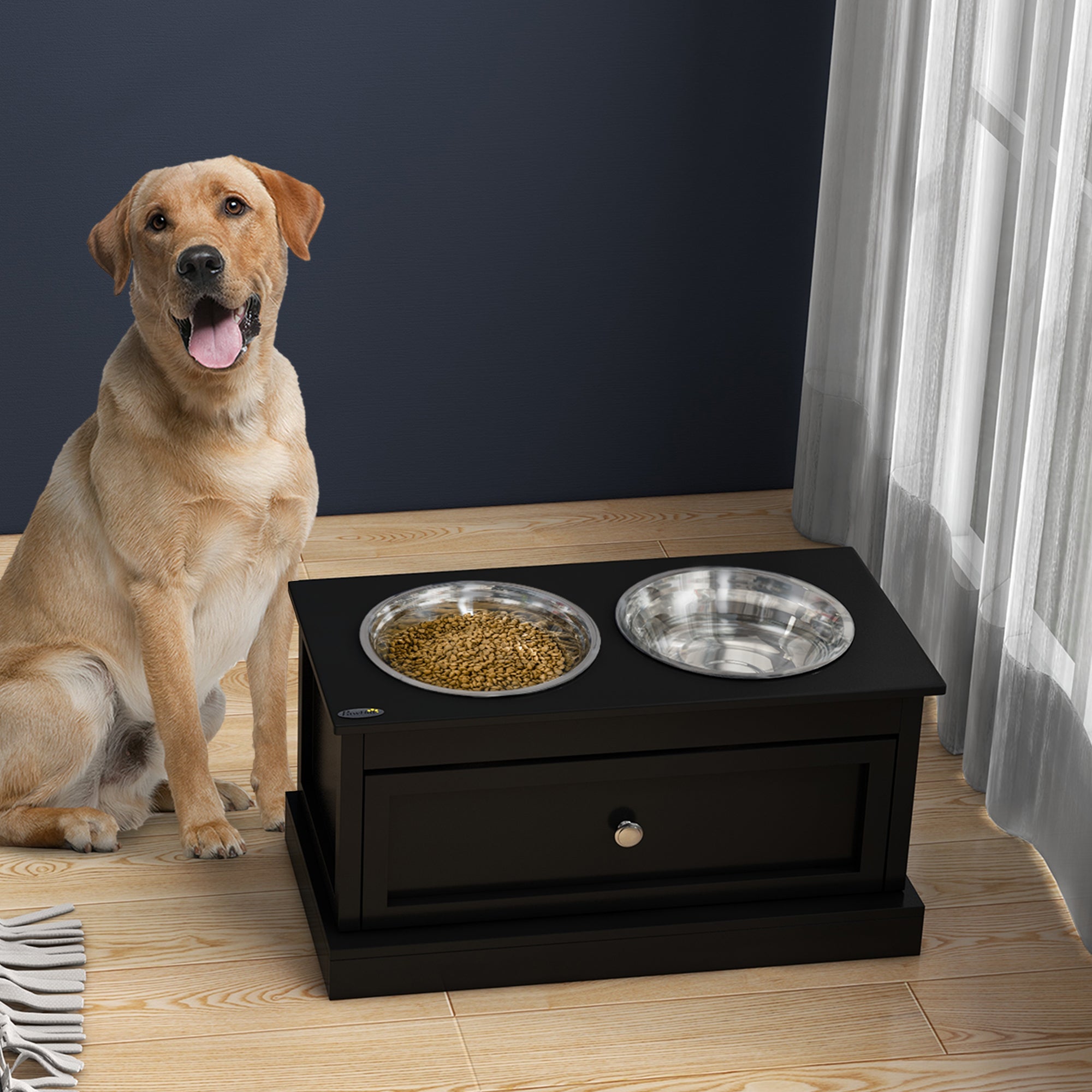 Raised dog feeding station with two stainless bowls