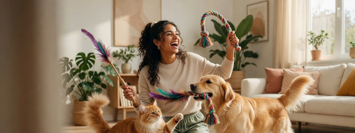Woman laughing full face with dog and cat — My BFF Pets hero