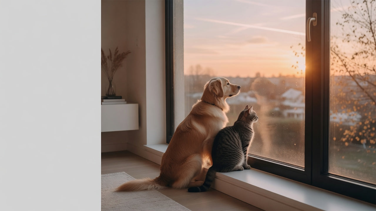 Dog and cat sharing a quiet moment by the window